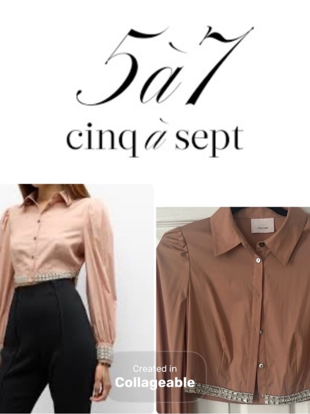 cinq a sept Blush Tan Cropped Button-Down Shirt with Jeweled Trim